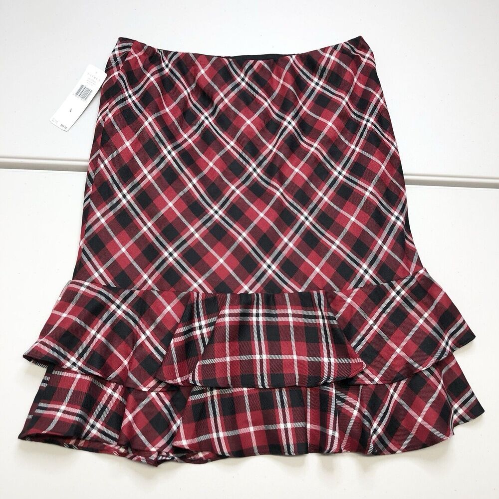 Lauren Ralph Lauren Skirt Red Tartan Plaid Ruffles Knee Length Pull On Women L - Picture 5 of 9